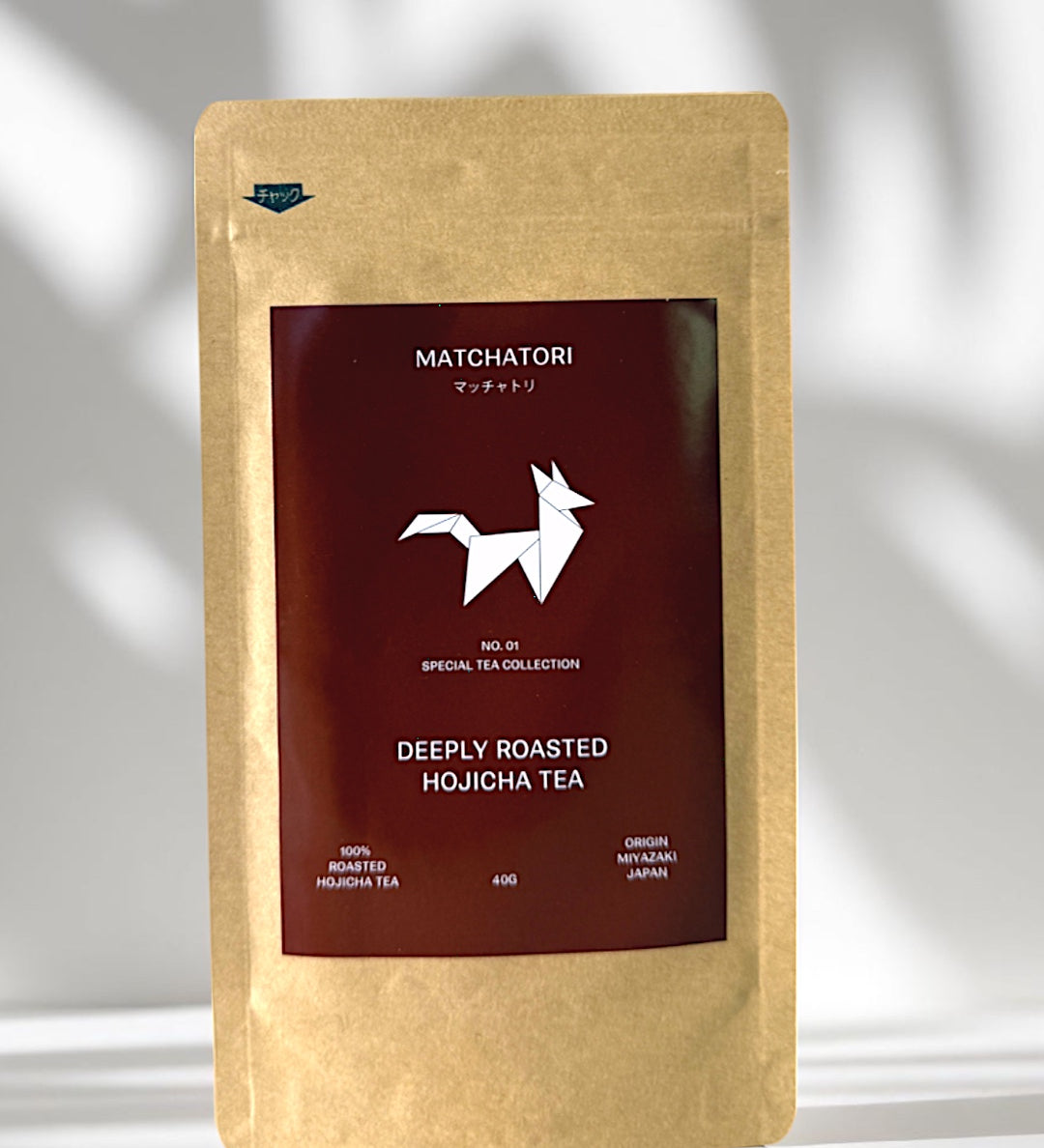 Matchatori No 1. Deeply Roasted Hojicha Tea packaging with elegant design, showcases premium quality tea.