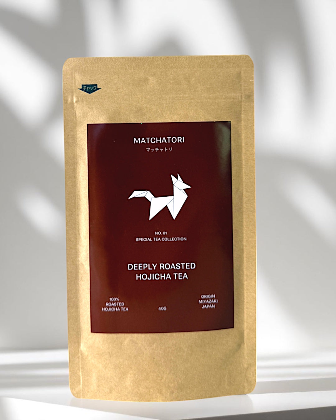 Matchatori No 1. Deeply Roasted Hojicha Tea packaging with elegant design, showcases premium quality tea.