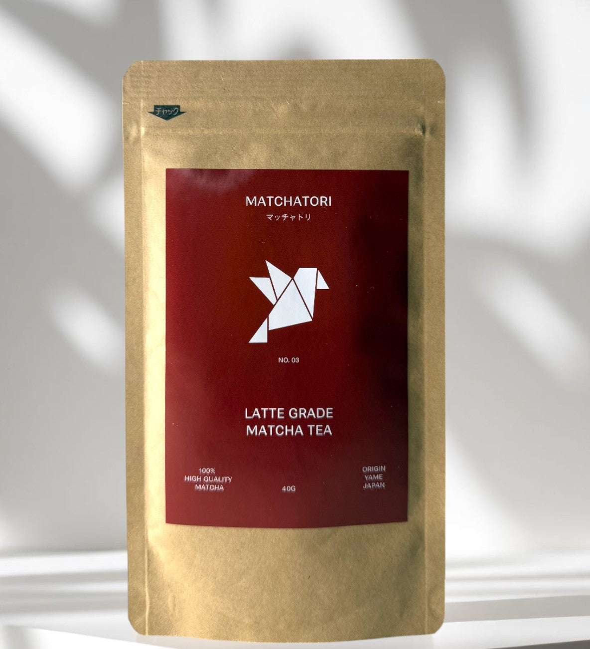 Matchatori Latte Grade Matcha tea packaging, 40g, featuring a refined design and premium quality matcha from Japan.