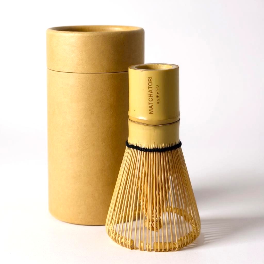Handcrafted Matchatori matcha whisk with 100 springs for a smooth, clump-free matcha experience, in stylish packaging.