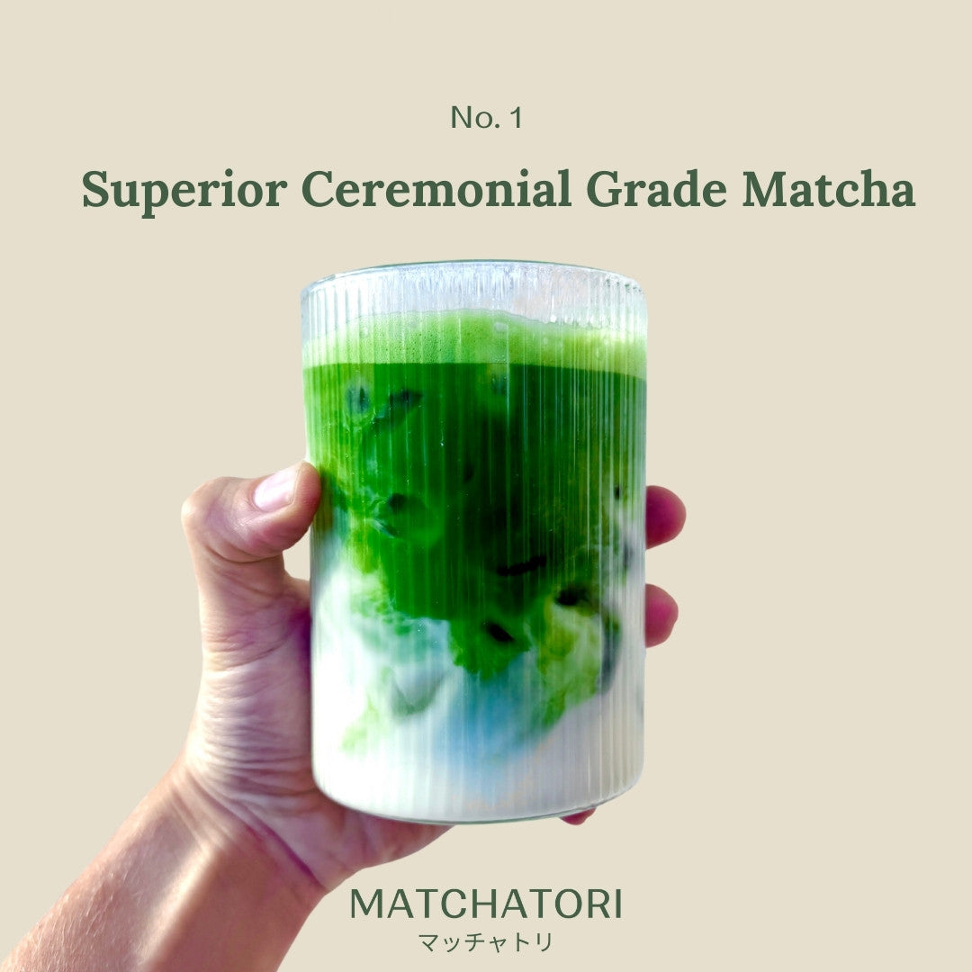 Refreshing iced ceremonial grade matcha drink from Matchatori, showcasing vibrant green color and creamy texture.