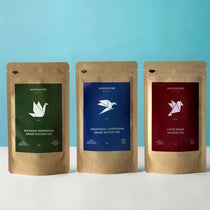 Matchatori Matcha Bundle featuring superior, traditional, and latte grade ceremonial matcha tea in eco-friendly packaging.